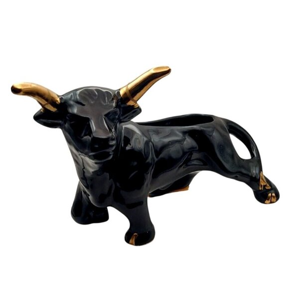 Unique Vintage Other - Vintage Black Ceramic Bull Planter Mid-Century Modern Gold Accents 1950s
